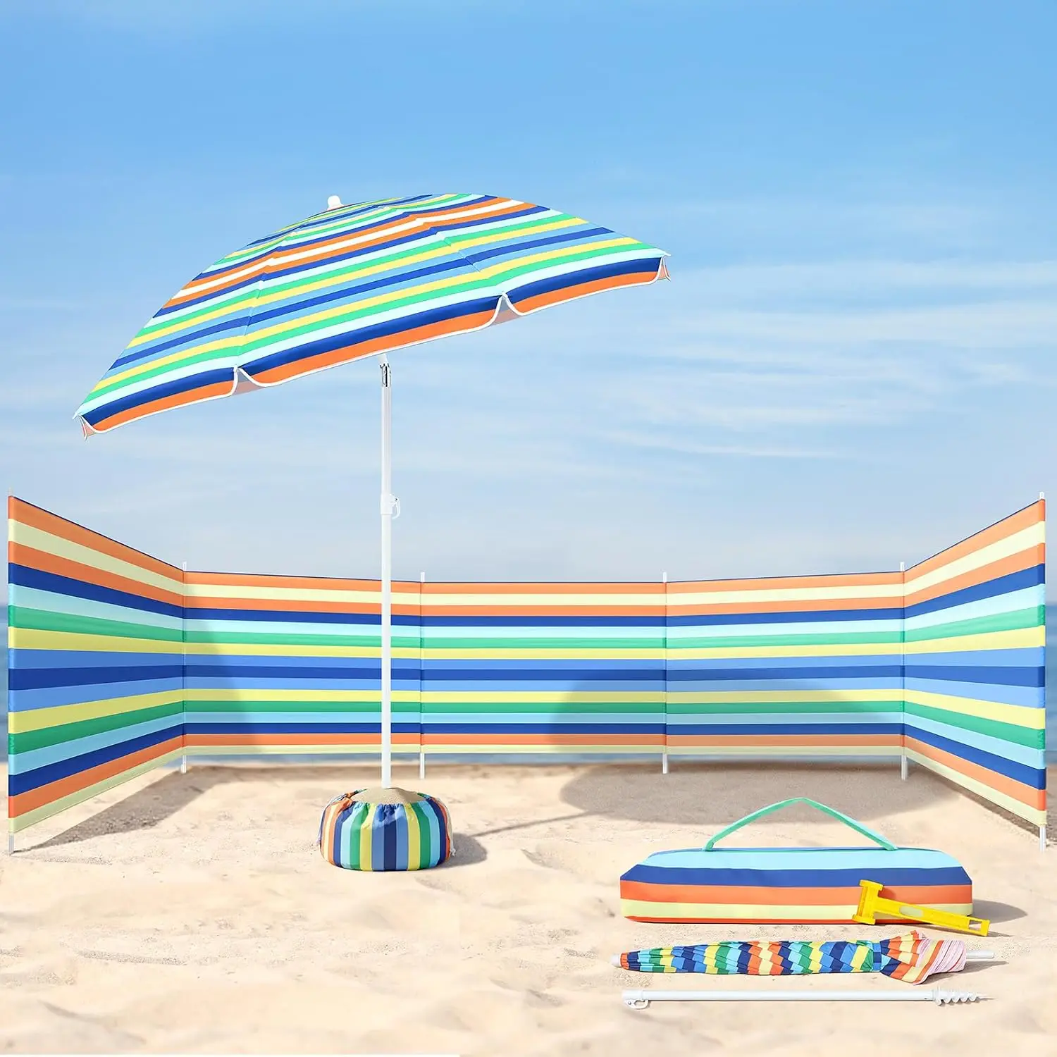Kit de Protección Solar y Viento para Playa de 20 pies con Sombrilla de Playa de 6 pies, Bloqueador de Viento UV 50, Pantalla de Privacidad para Bronceado en la Playa, Anclaje de Arena y Bolsa de Almacenamiento para Exteriores