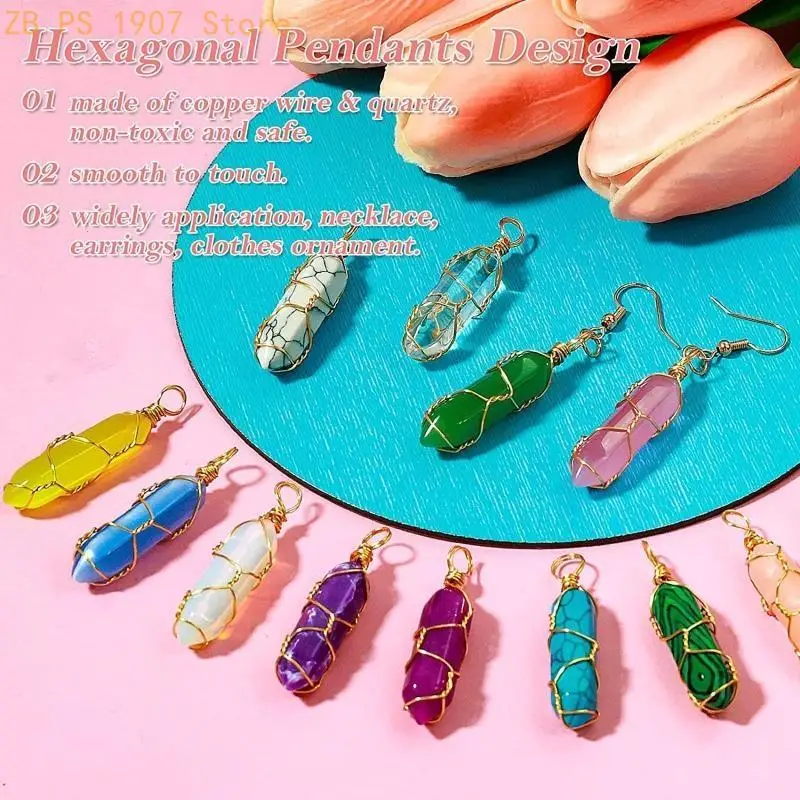 24 Pieces Hexagonal Crystal Pendant Necklace Natural Stone Pendant Necklace 55KA