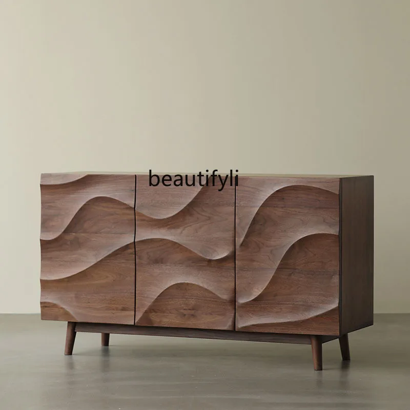 

Nordic Sideboard Cabinet Living Room Art Entrance Shoe Cabinet Integrated Black Walnut Color Wave Cabinet