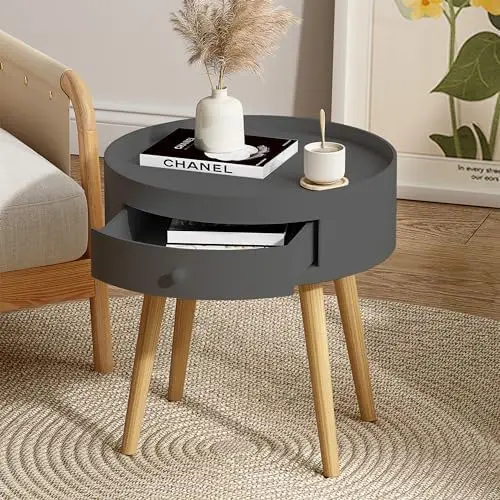 

Round with Drawer, End Living Room with Oak Legs, Modern Nightstand Bedside for Small Spaces, 18" H Coffee for Sofa Bedr