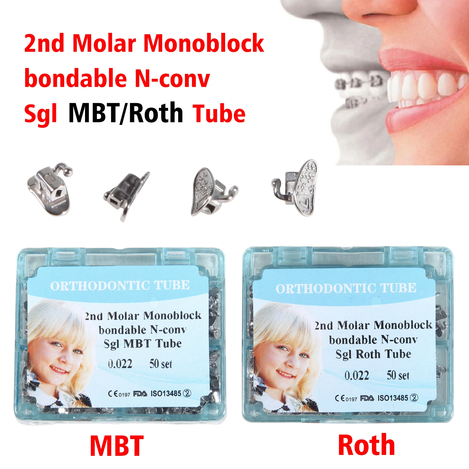 Dental 50 Set Orthodontic Tube 2nd Molar Monoblock bondable N-conv Sgl MBT/Roth Tube 0.022 high quality Free shipping