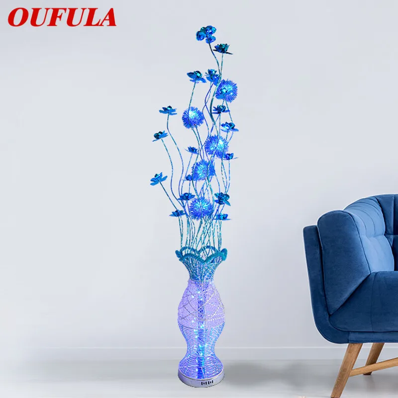 

OUFULA Nordic Blue Floor Lamp Modern Art Living Room Bedroom Aluminum Wire LED Romantic Countryside Flower Decorative Light