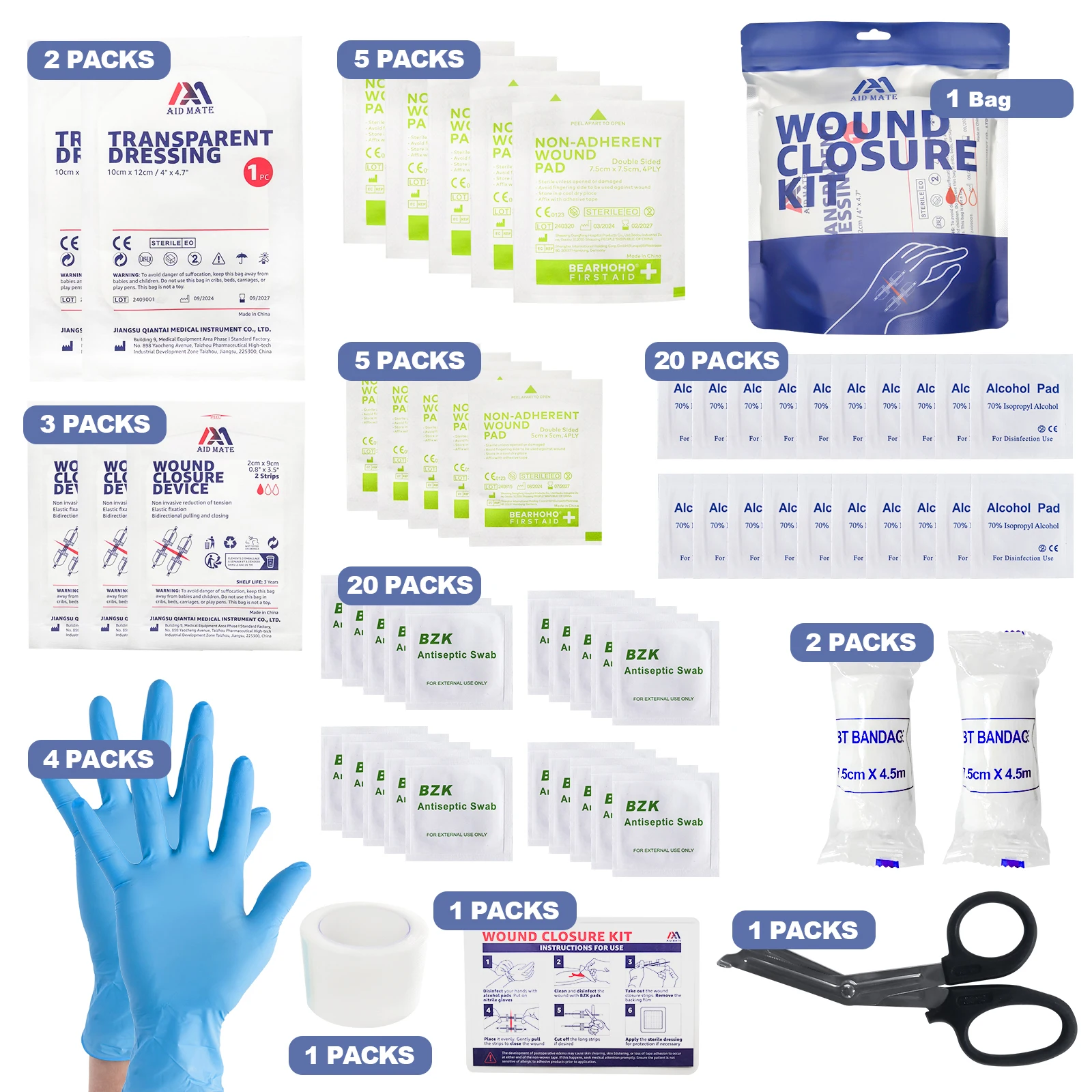 Aid Mate Emergency Laceration Strips Huidsluiting Apparaat Reparatie wonden zonder steken, complete set om schoon te maken, sluiten, wond af te dekken