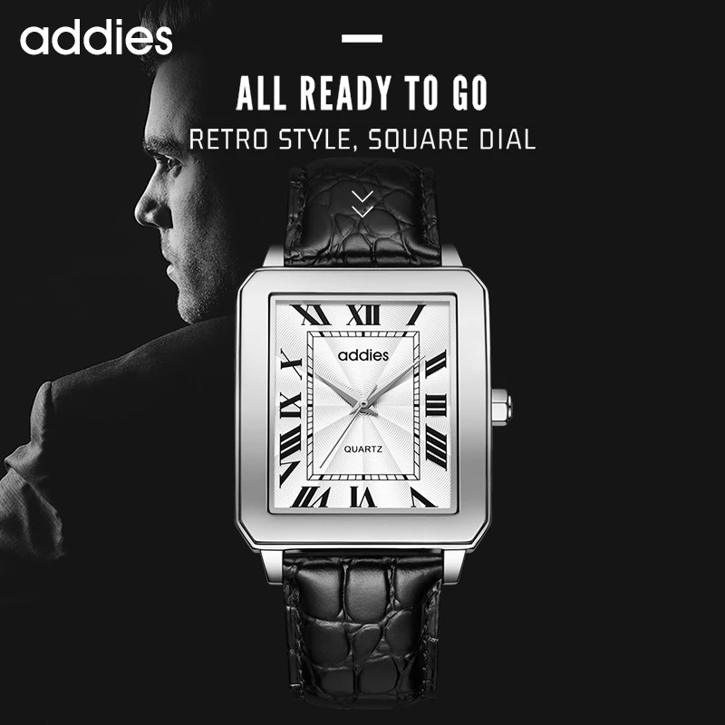 Addies Brand Luxury Men's Watch 316L Stainless Steel Quartz Watch Waterproof Leather Strap Black Dial Men's Quartz Watch MY-RM05