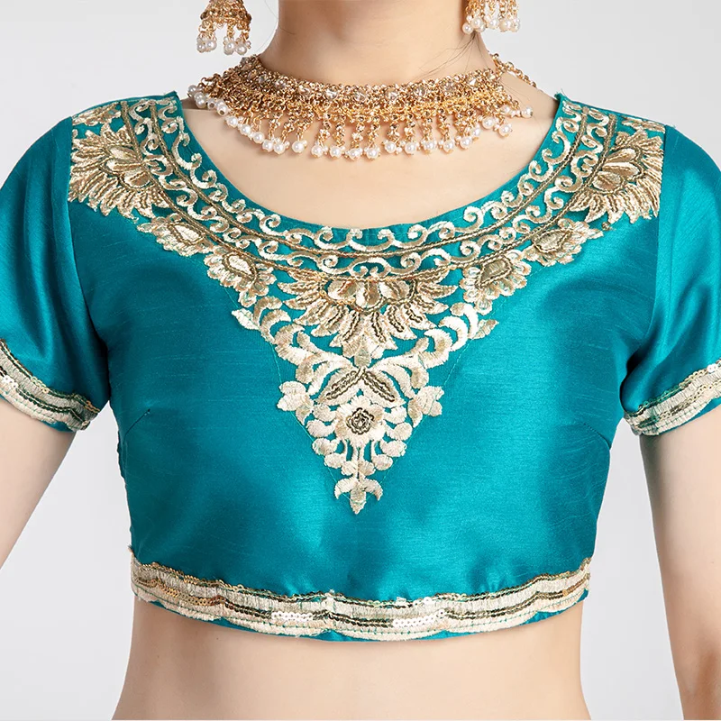 Indian Dance Tops Women Adult Short Sleeve Round Collar Embroidery Shirt Belly Dance Costumes Bollywood Performance Wear DQL8067