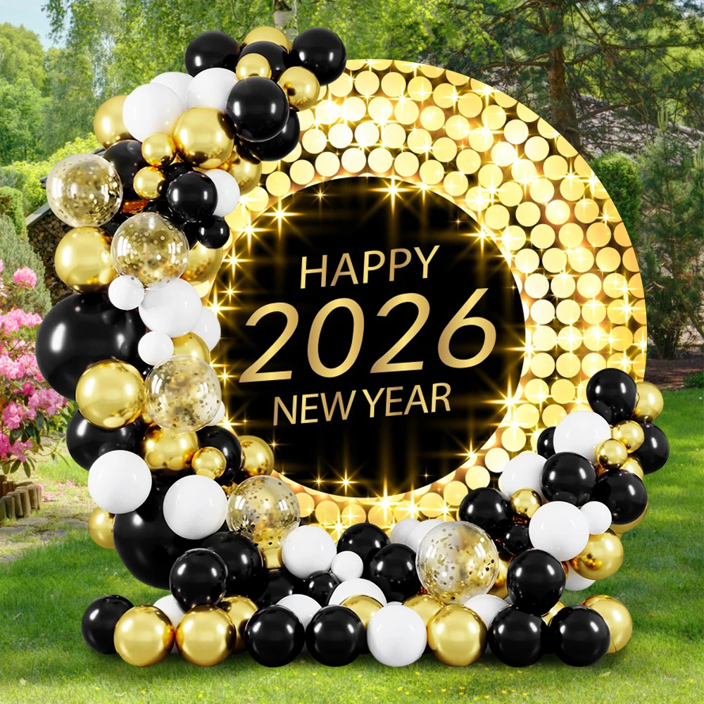 سعيد 2026 السنة الجديدة جولة التصوير خلفية الذهب ديسكو تصاميم حفلة لامعة للعائلة ليلة رأس السنة الخلفيات دائرة