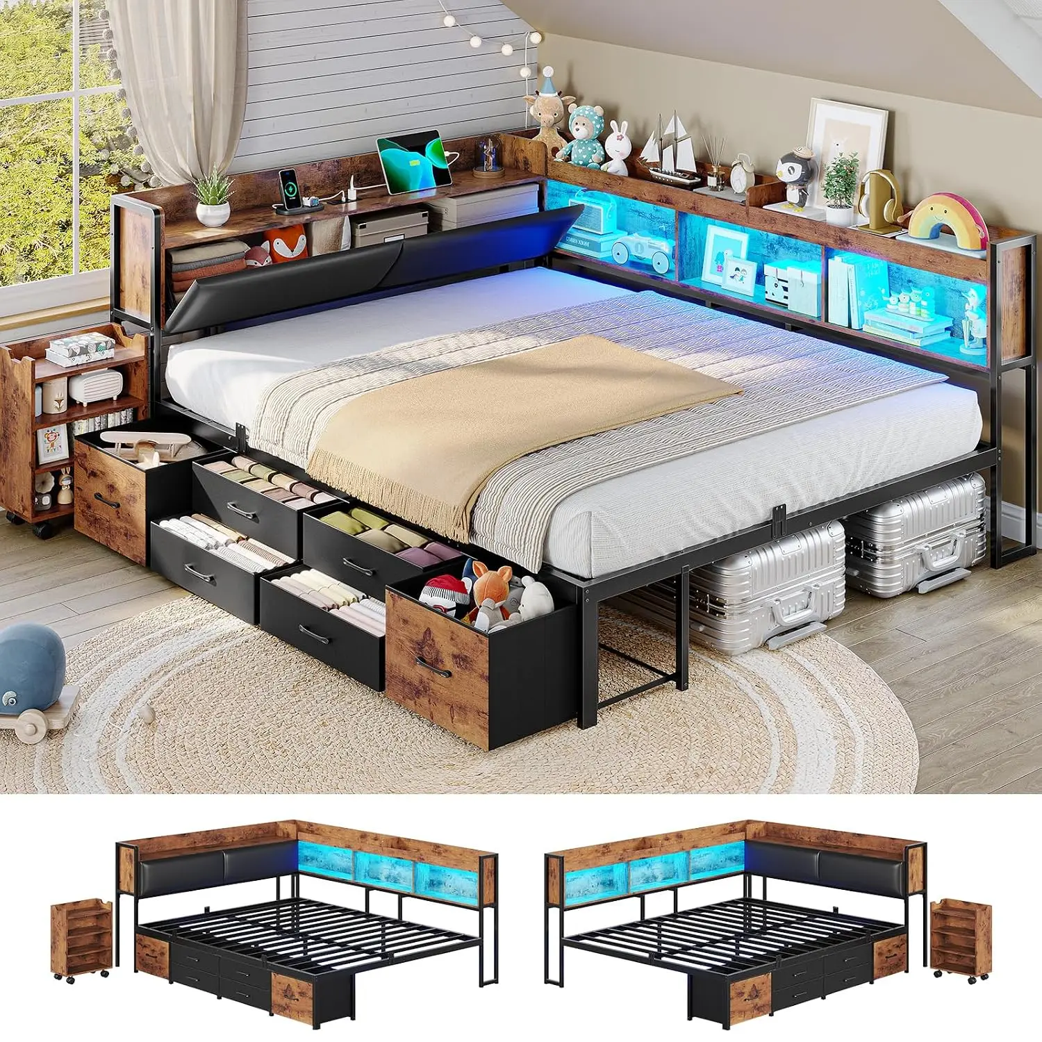 14 Inch Corner Bed Frame with Pull-Out Cabinet, Bookcase & Headboad Storage, Full LED Daybed with 6 Drawers,, Customized