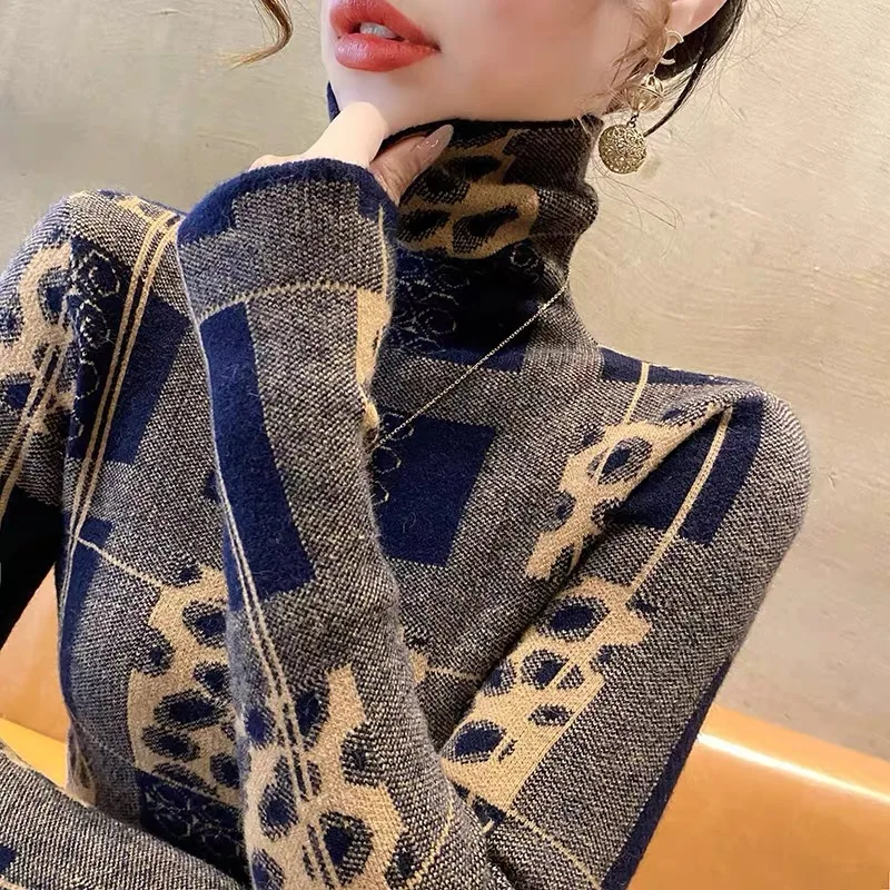 Autumn Winter Chic Turtleneck Long Sleeve Knit Pullovers Women Clothing Elegant Slim Geometric Sweaters Lady New Streetwear Top