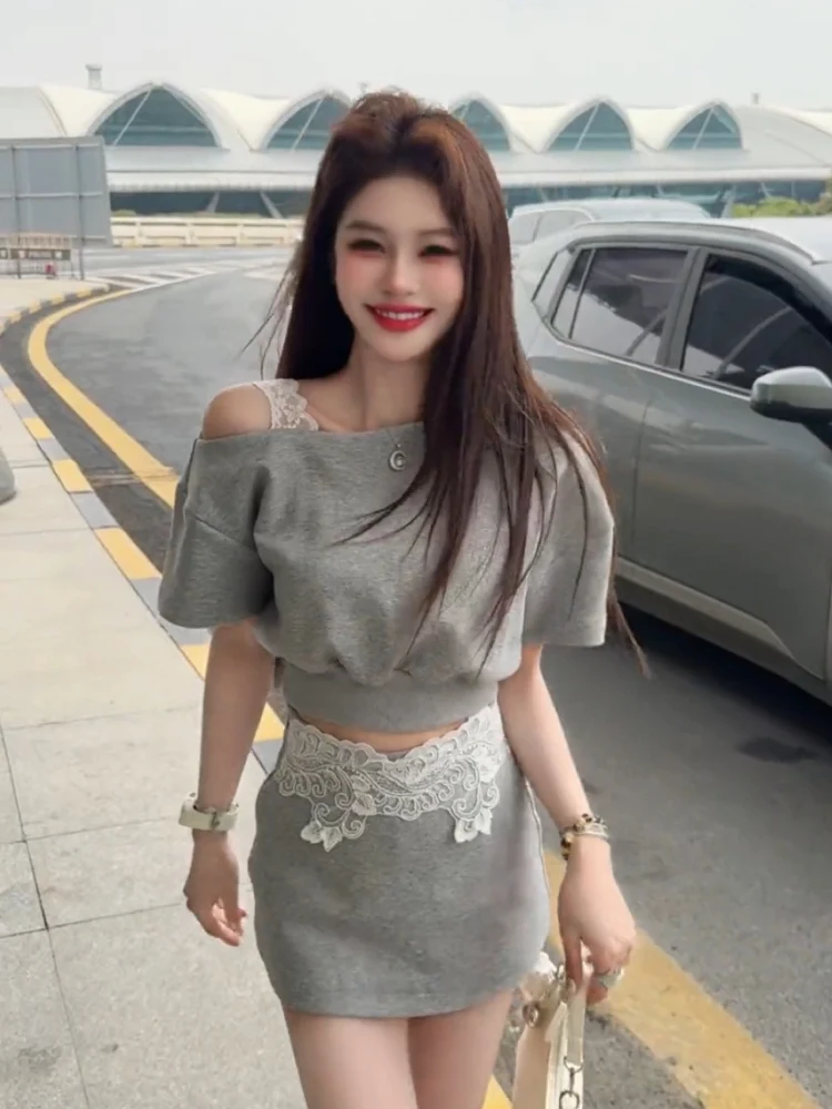 

Fashionable Lace Splice Short Top And Skirt Set Women's Summer Style Shoulder Baring Two Piece Suit Elegant Sensation Ensemble