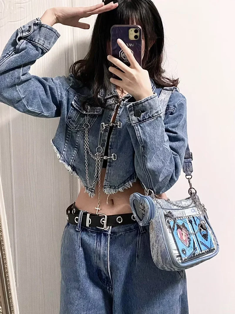 JIAERDI Y2K modna dżinsowa torba na ramię damska Tie Dye Idol Card Ita torby Subculture Harajuku Crossbody damskie Bolsos Mujer