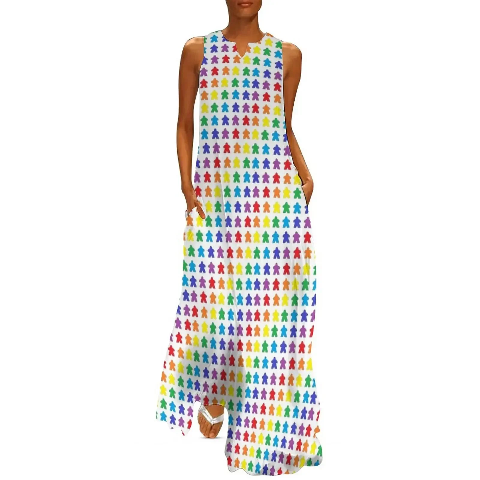 

Mini Meeple Rainbow Tabletop Pride White Background Long Dress Female dress Dress