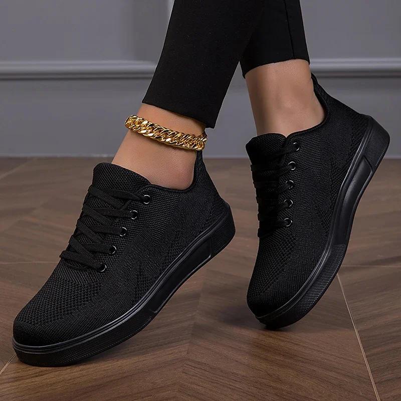 

2024 Black Sneakers Women Casual Mesh Lace-up Sport Flat Shoes Girls Breathable White Chunky Sneakers Tenis Feminino