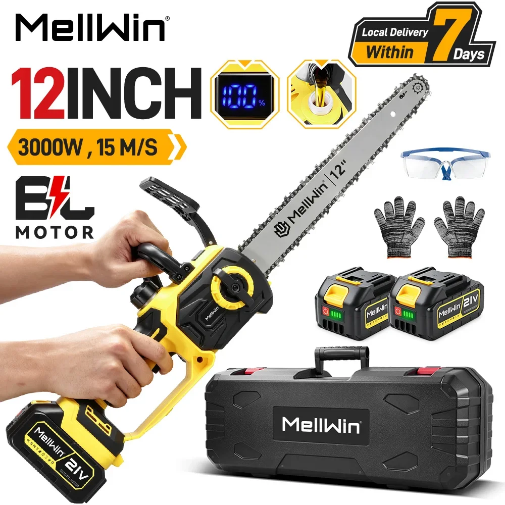 MELLWIN, motosega elettrica portatile senza spazzole da 12 pollici, ad alta velocità, senza fili, da utilizzare a mano, ideale per potare, tagliare legna e per lavori di disboscamento in giardino,