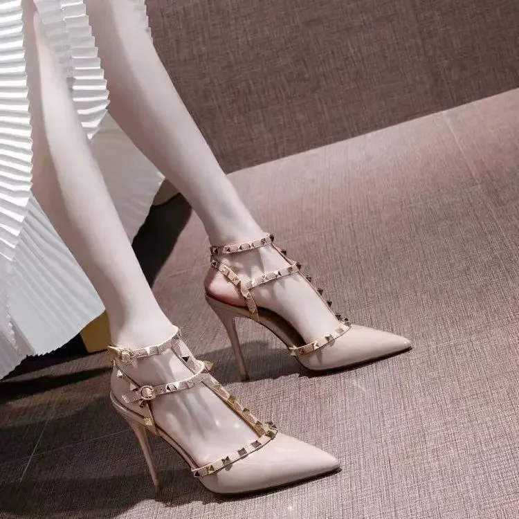 2024 Spring Women's Cropped Studded High Heels Pointed Toe Rubber Upper Casual Shoes One-Piece Strap Sandals Wedding Shoes