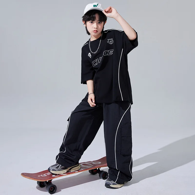 Junge Hip Hop Tanzkostüm Kinder Motorrad Stil Tops Schwarze Hosen für Mädchen Kinder Jazz Street Performance Kleidung