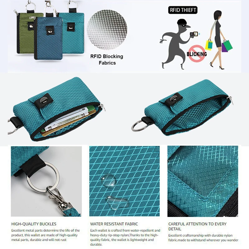 Carteira pequena com bloqueio de RFID, com janela de identificação, à prova d'água, zíper, bolsa com cordão, chaveiro para cartões, dinheiro, mini bolsa de moedas, 1 peça