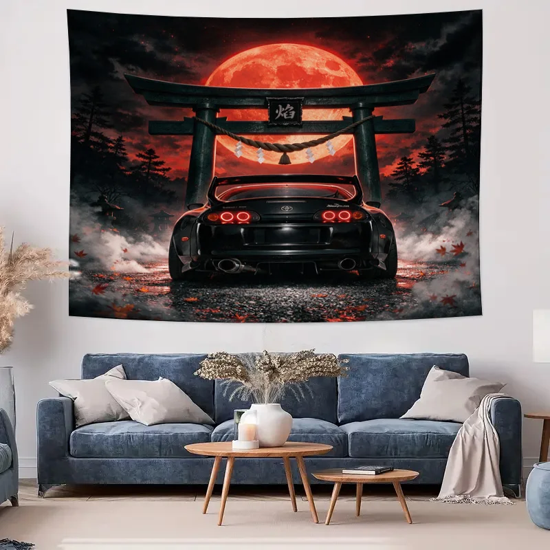 Japanese Torii Gate Moon Car Anime Supra JDM Wall Tapestry Curtain Window Decoration Art Print Home Decor view 4