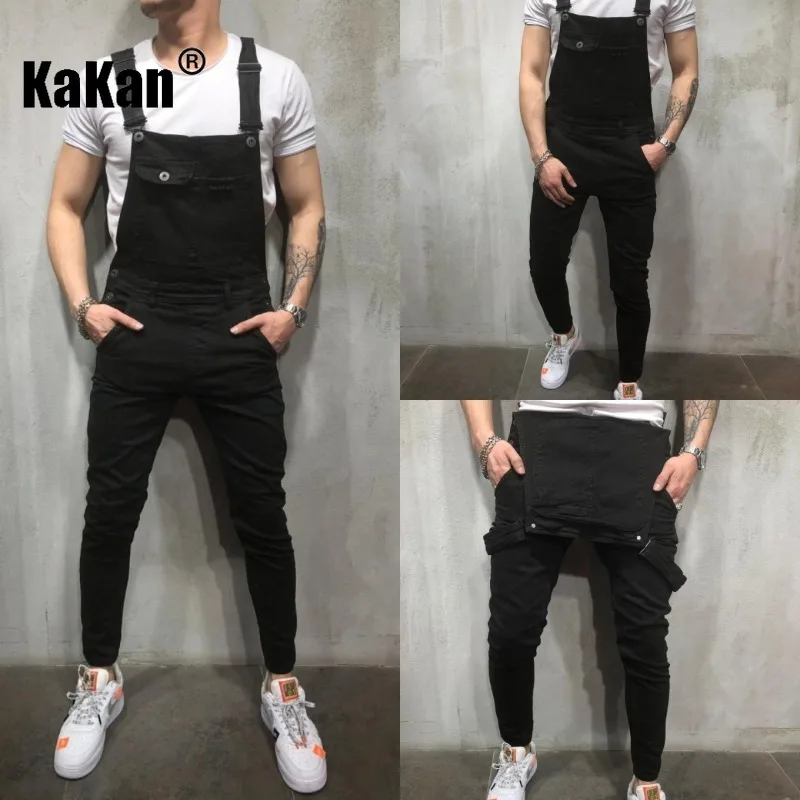 Kakan - European and American New Strap Pants Jeans for Men, Vintage Chest Pocket Black One Piece Work Jeans K34-103