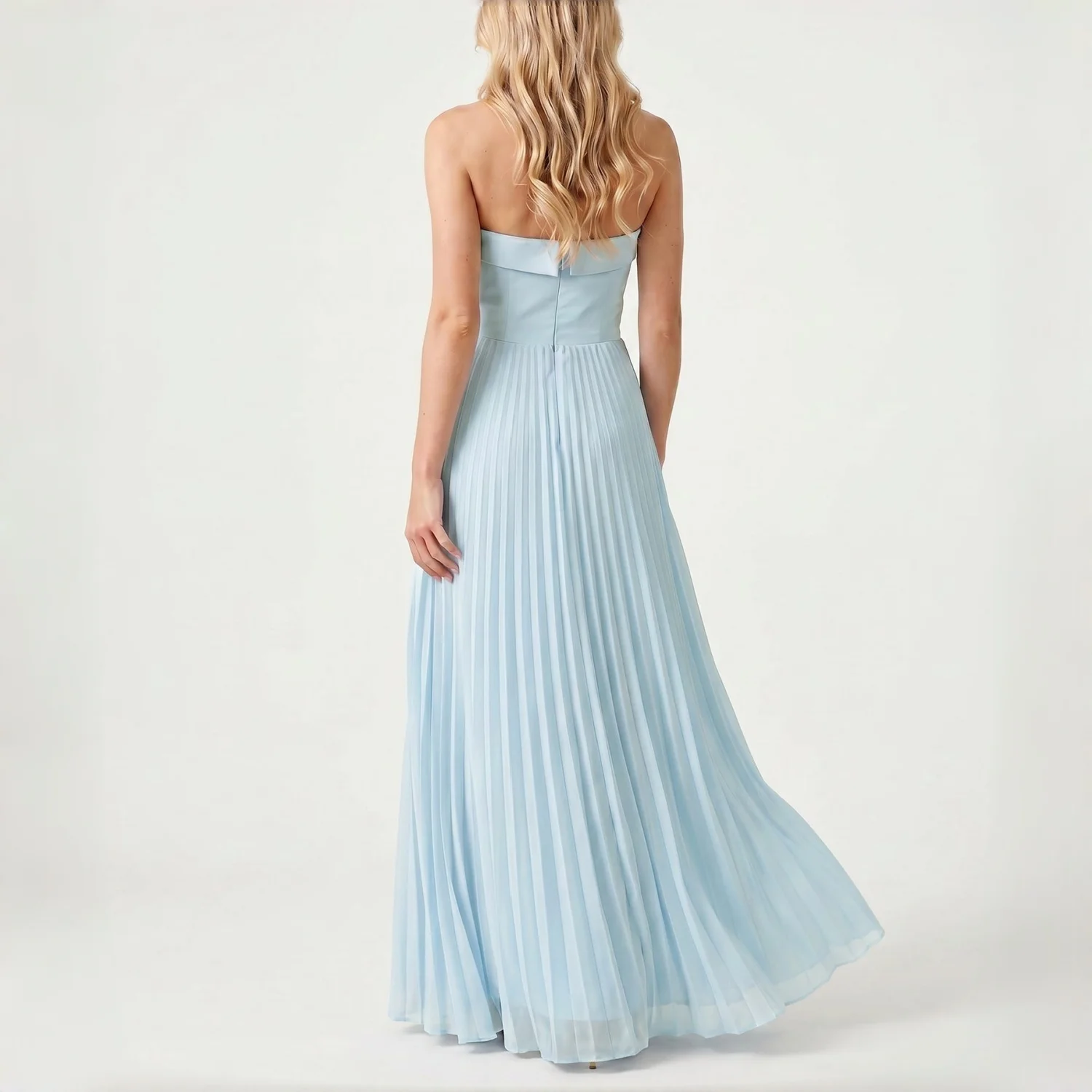 Strapless Light Blue Pleated Chiffon Maxi Dress with Folded Neck for Wedding Guest Cocktail Party and Evening Events