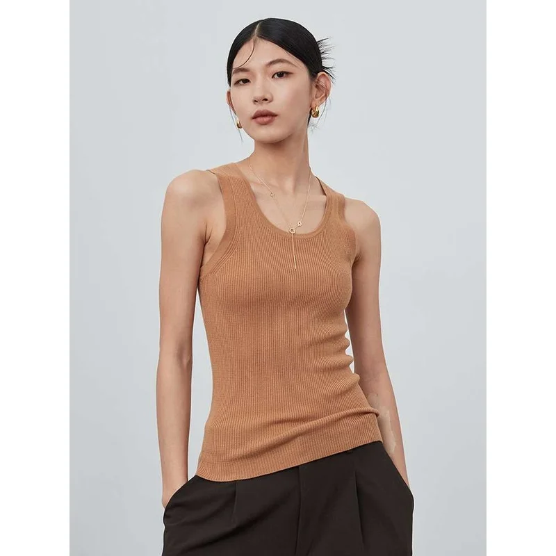 

Versatile Knitted Vest Women's Spring UNe Sle Stretch Yarn Cleanfit Sle A-Line Narrow oulder Strap Vest Pure Color