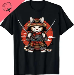 Japanese Samurai Cat Tattoo, Kawaii Ninja Cat T-Shirt Street Cool Casual Clothes Men Clothing Tops Camisetas