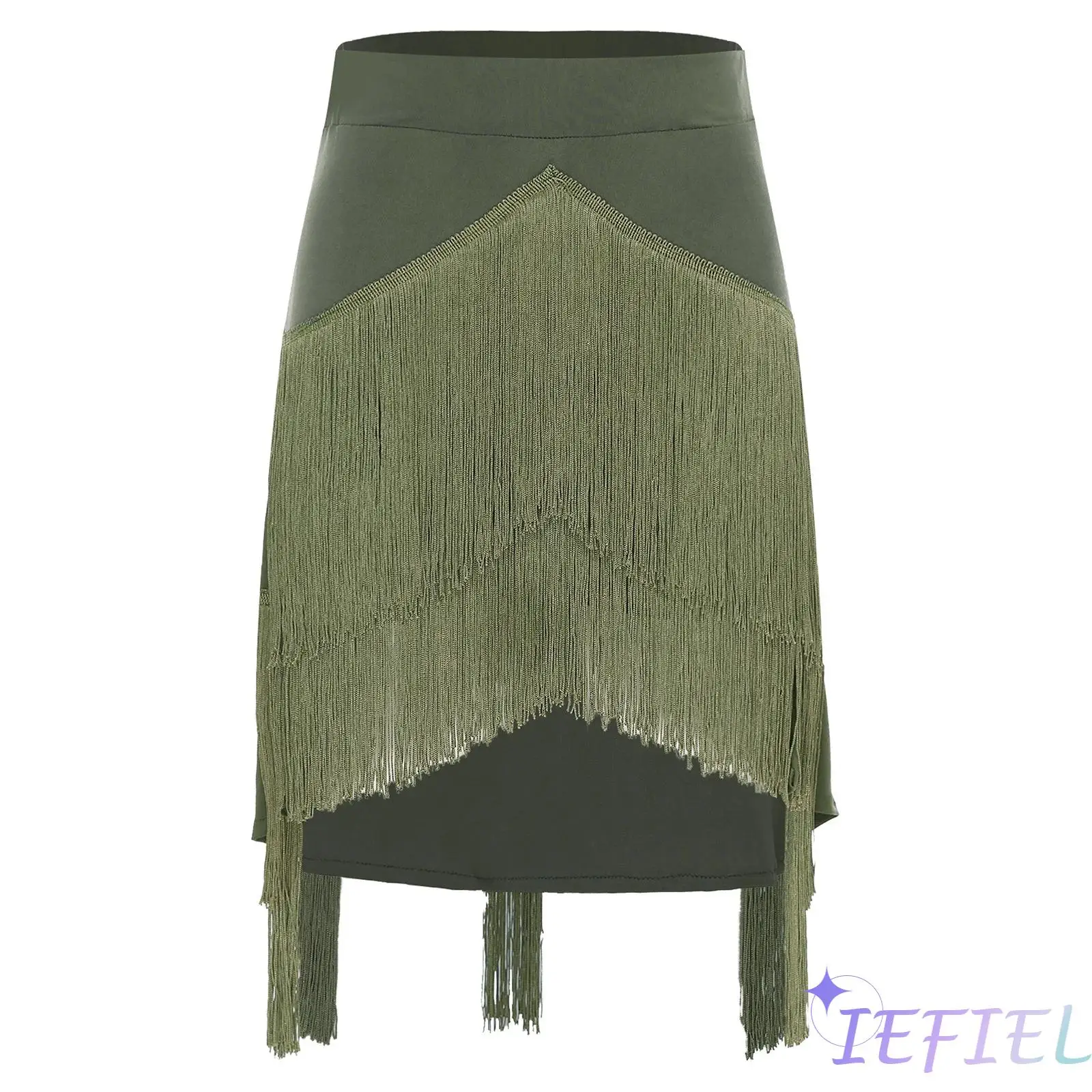 

Womens Latin Dance Costume Set Mesh Long Sleeve Strappy Crop Top And Fringe Skirt with Built In Shorts for Samba Rumba Stage