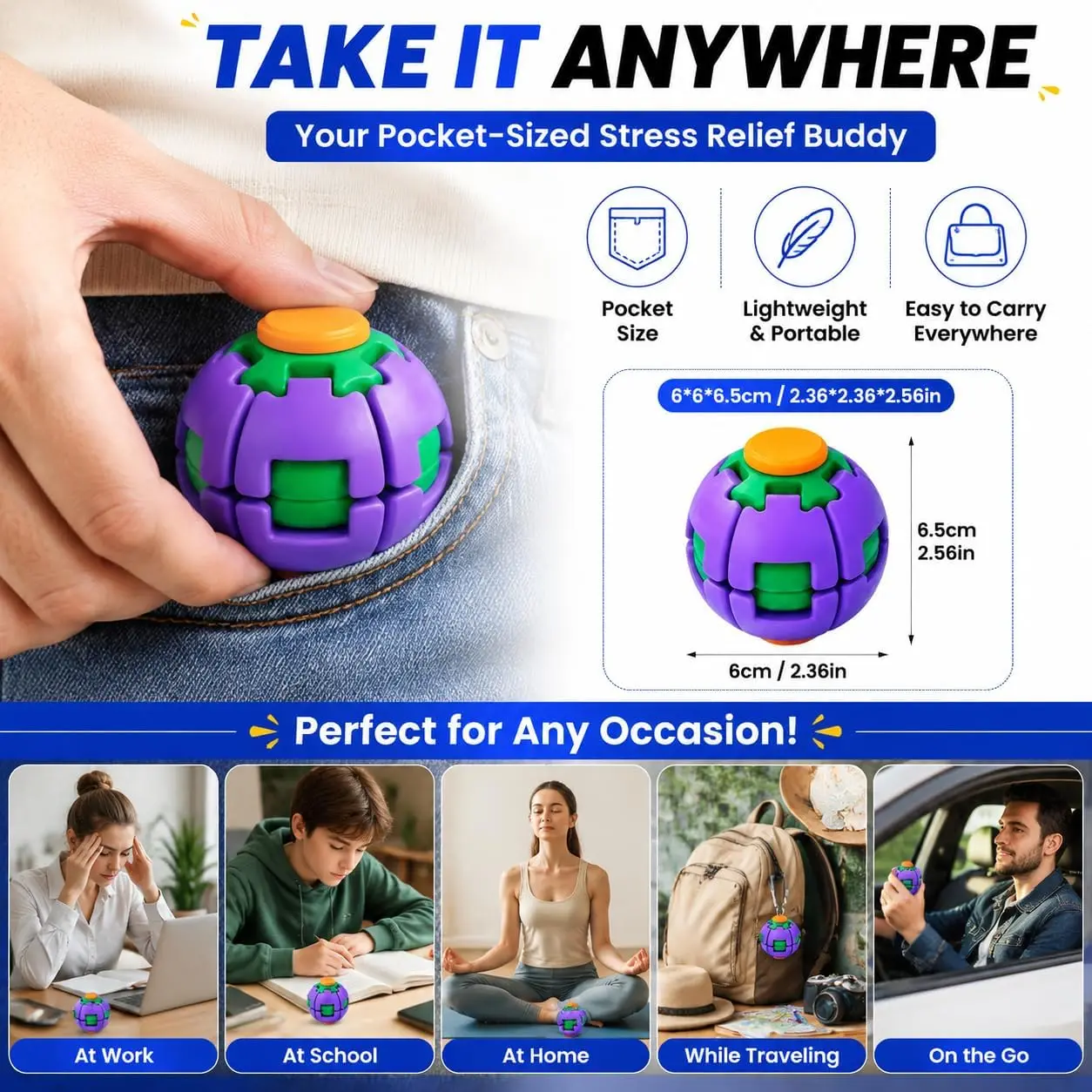 3d Rotatable Fidget Ball Stress Relief Toy Dual Play Push Pop Spinning Finger Gyro Sphere Portable Hard Plastic Anxiety Sensory