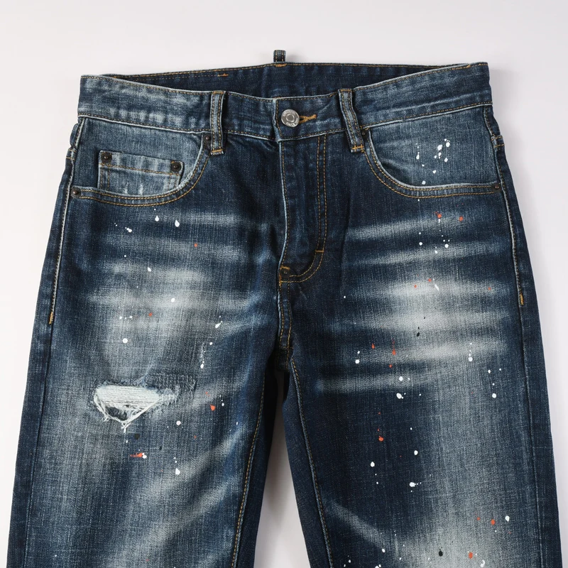 

Мужские джинсы Y2K High Street Designer Fashion: высококачественные ретро-джинсы синего цвета, стрейч, зауженный крой, с эффектом потертости и росписью, брендовые джинсовые брюки