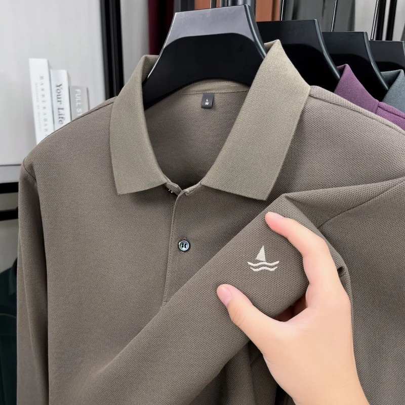 100% pure cotton light luxury brand men's long sleeved polo shirt spring autumn fashion sailboat embroidery top boutique T-shirt