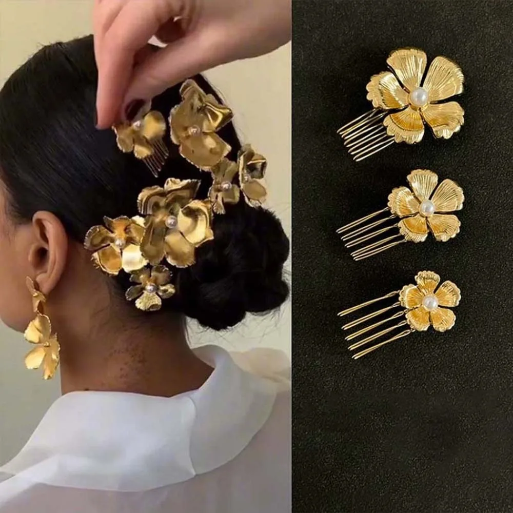 

5pcs Elegant Golden Flower Hair Forks Hairstyle Tools Retro Pearl Side Clips French Style Hair Accessories Wave Alloy Barrettes