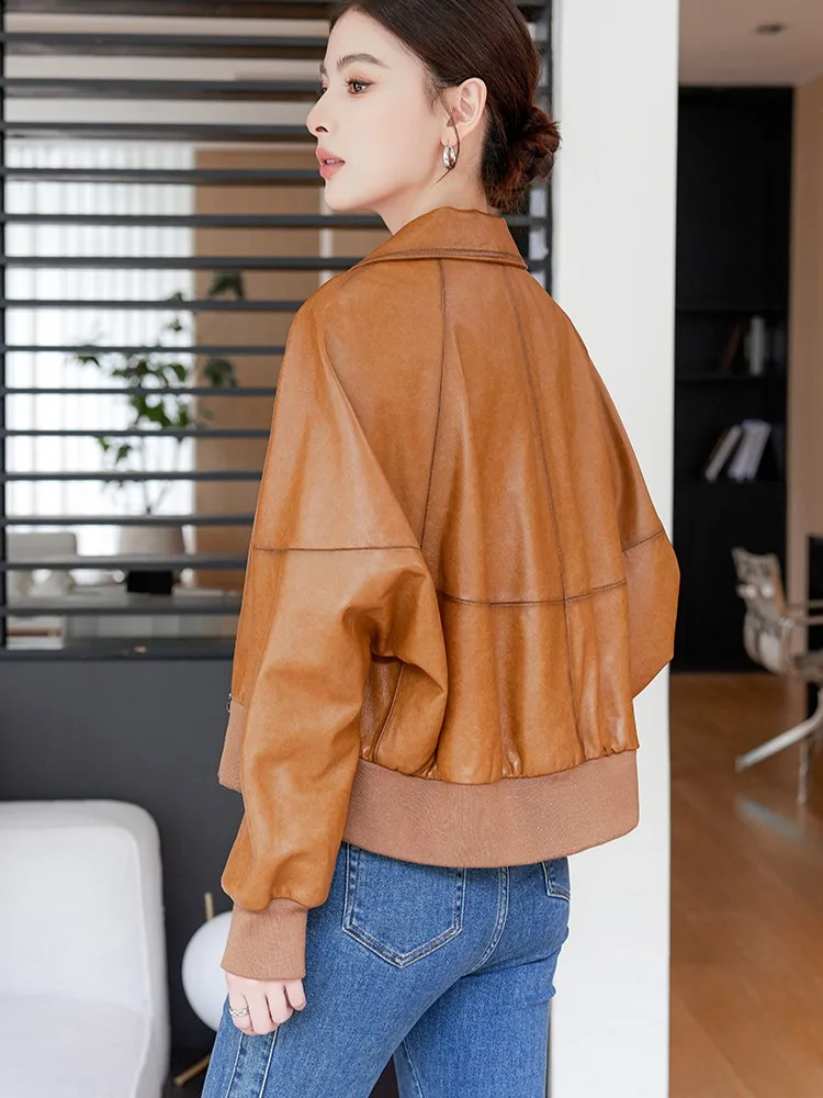 المرأة خمر سترة جلدية حقيقية فضفاضة تناسب مزدوجة الصدر ترتيب الأسرة طوق الشارع الشهير جلد الغنم الحقيقي دراجة نارية معطف قصير #5