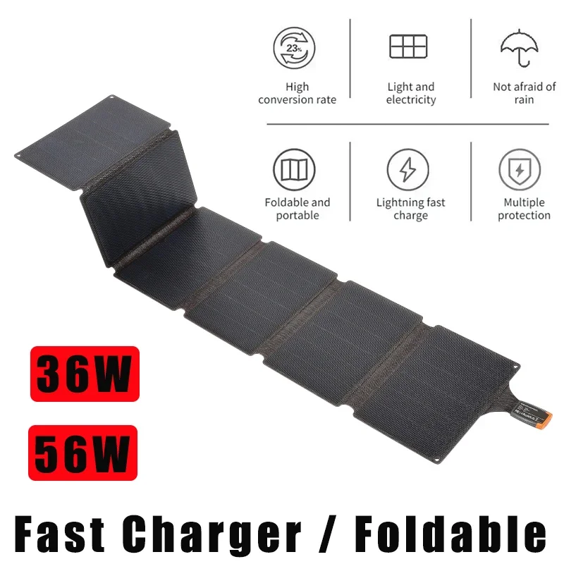 Foldable Solar Panel 36/56W Portable USB Type C Outdoor PV Plate Fast Charger for Camping Powerbank Mobile Phone Power Generator