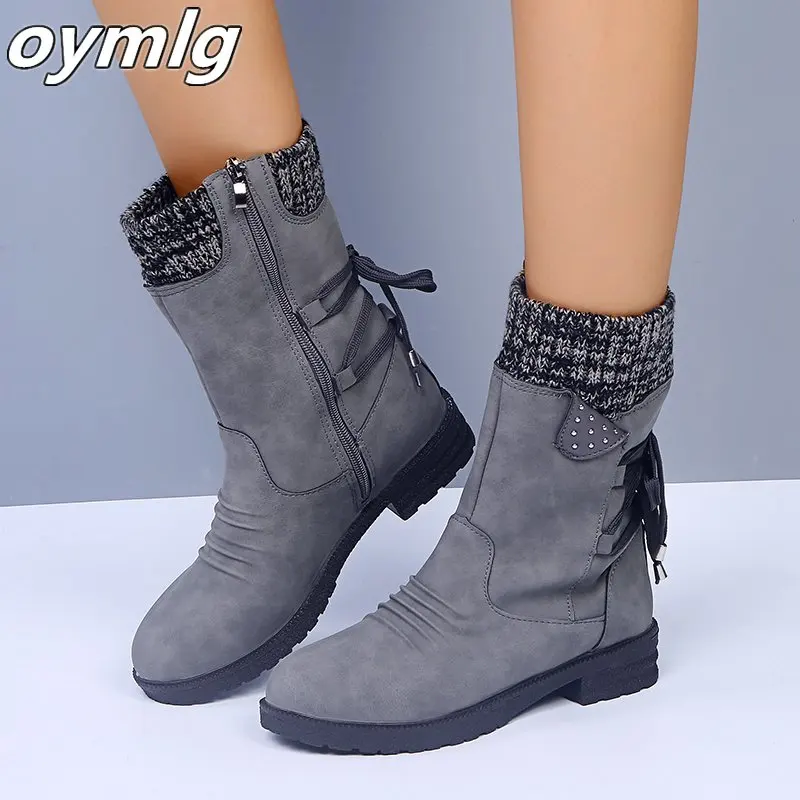 Bottes de neige mi-mollet en daim pour femmes, fermeture éclair rétro, chaussures chaudes, talons bas, mode hiver 2020