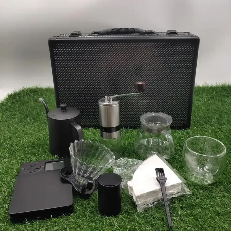 Portable Travel Coffee Maker Set with Scale Glass Pot Manual Brewer Kit 10 Piece Gift Box for Camping Outdoor Hand Brewed