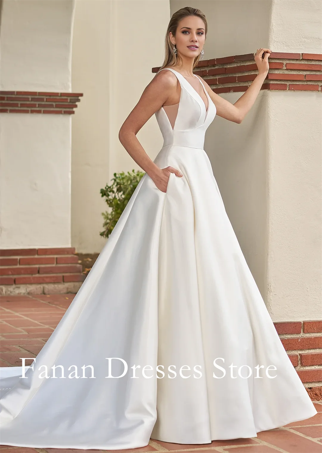 FANAN 딥 브이넥 새틴 신부 드레스 사이드 포켓 포함 A라인 민소매 백리스 웨딩드레스 웨딩드레스 아이보리 맞춤형