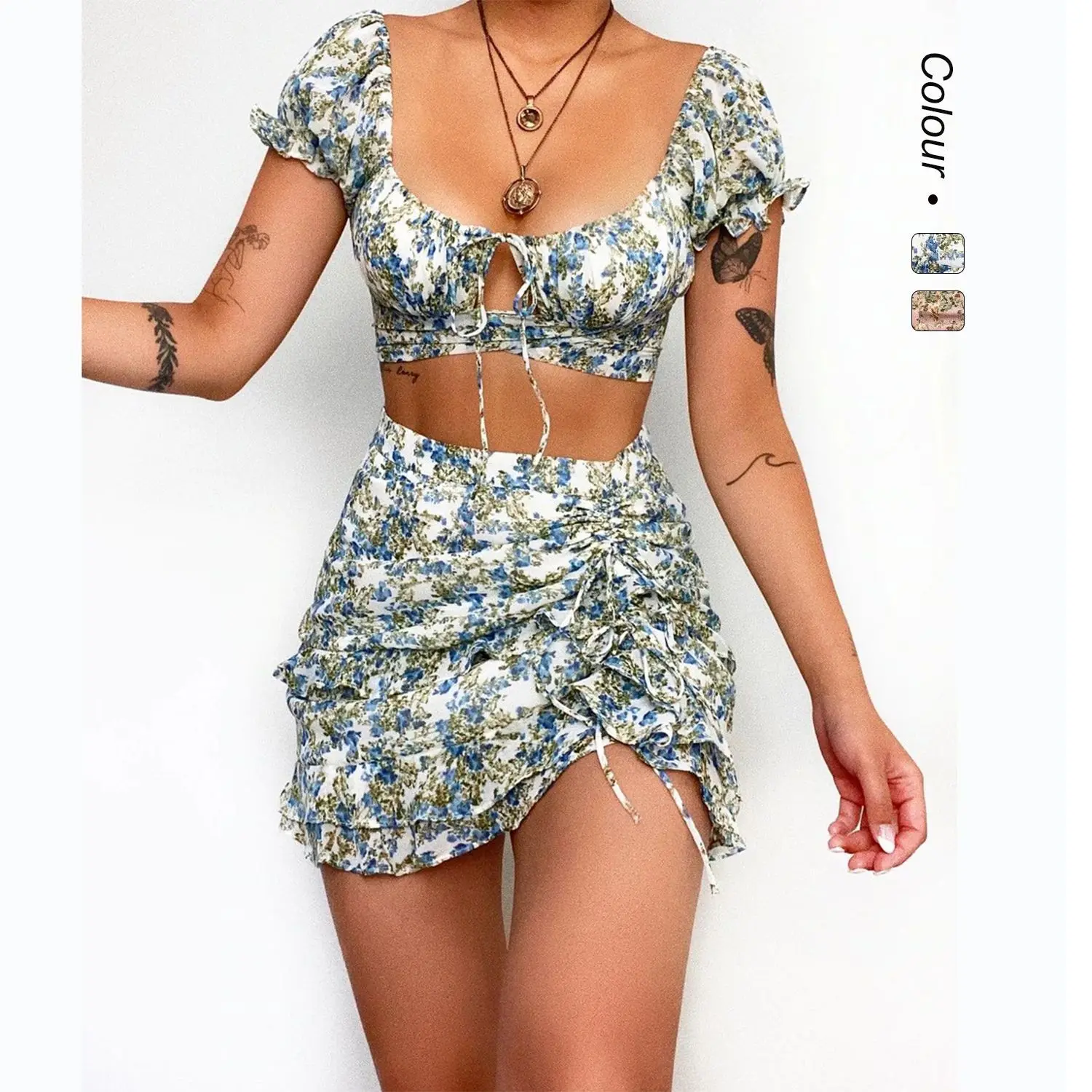 

Новый европейский и американский весенне-летний костюм Spice Girl с цветочным принтом и обернутым краем в виде листьев лотоса, U-образный вырез, костюмная юбка на шнуровке 8