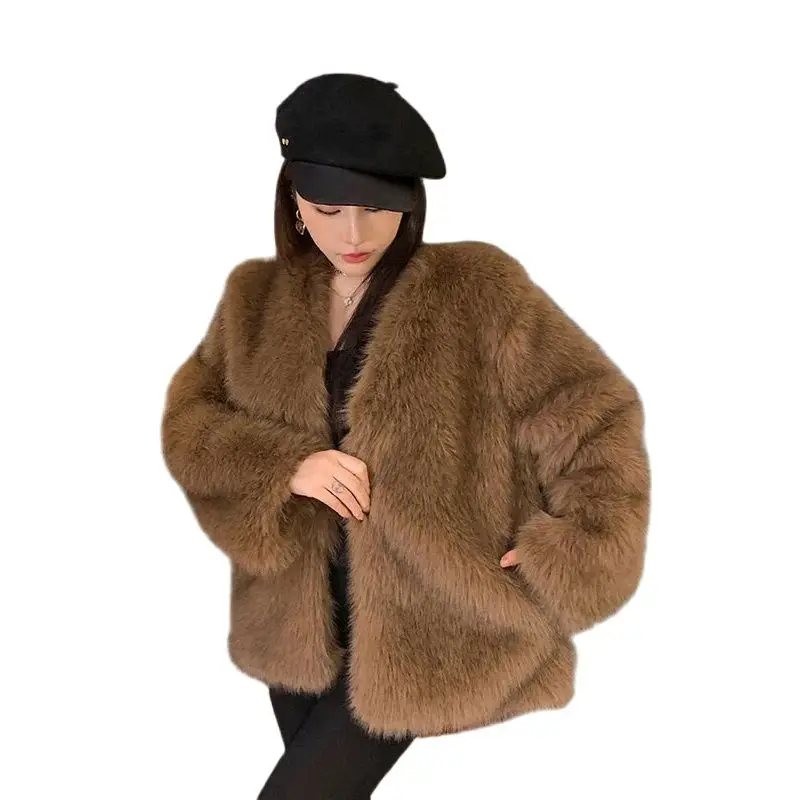 Abrigos de piel sintética de gama alta para mujer, abrigo grueso suelto, moda coreana, manga larga, invierno y otoño