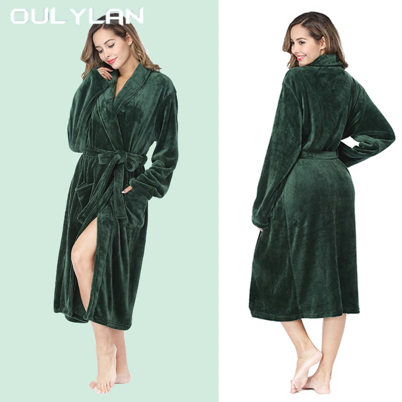 Winter Thick Warm Bathrobe Women Coral Fleece Robe Loose Soft Nightgown Bath Gown Female Lapel Sleepwear Long Solid Nightwear