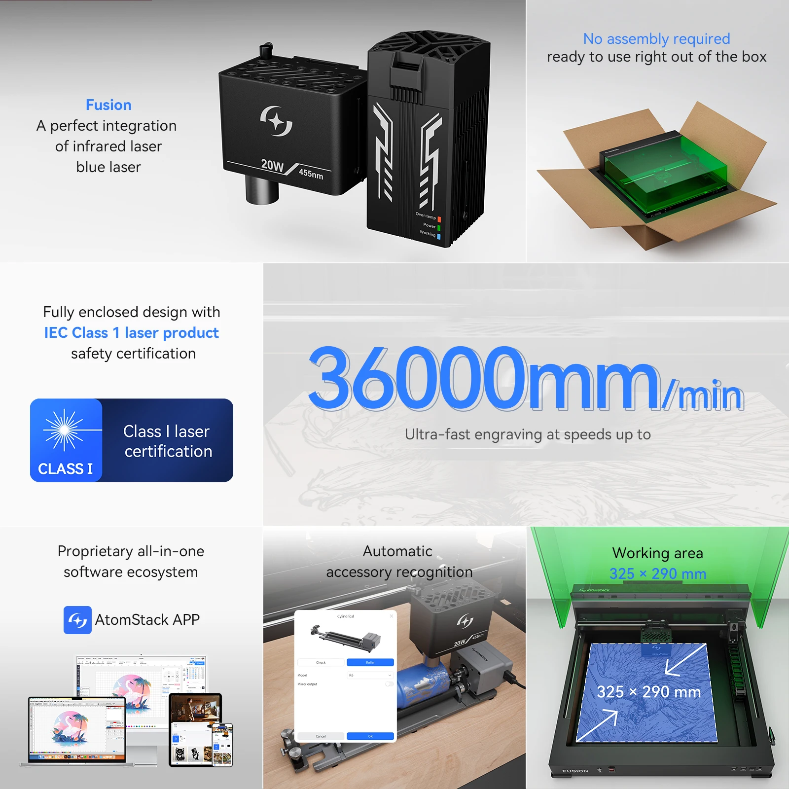 AtomStack Fusion 20W 2-in-1 Laser Engraver Class 1 Laser Safety Fully Enclosed Design and AI-Powered Smart Assistance for Metal