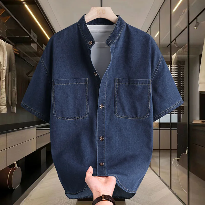 

Men's Loose Fit Vintage Washed Denim Shirt Short Sleeve Casual Button Down Top with Double Chest Pockets 2026 Summer Streetwear
