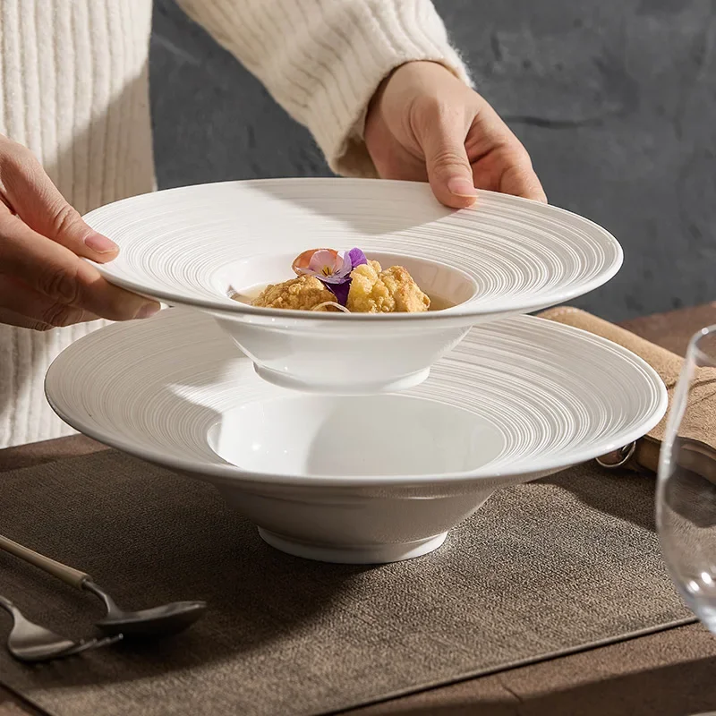 Line Striped Ceramic Plate Restaurant Thick Soup Plate Dessert Snack Bowl Serving Bowl Special Tableware for Molecular Food.