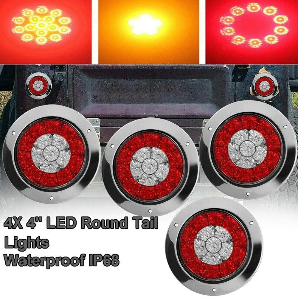 Luz LED redonda para camión, remolque RV, freno, parada, giro, señal trasera, rojo, ámbar, cromo, impermeable, 4 piezas, 12-24V, 16 LED, 4 pulgadas