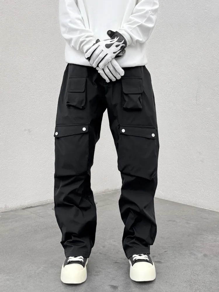 Mens Casual Cargo Pants Rlastic Waist Multi Pocket Loose Fit Outside Spring Autumn Wide Leg Pants Solid Color Straight Trousers