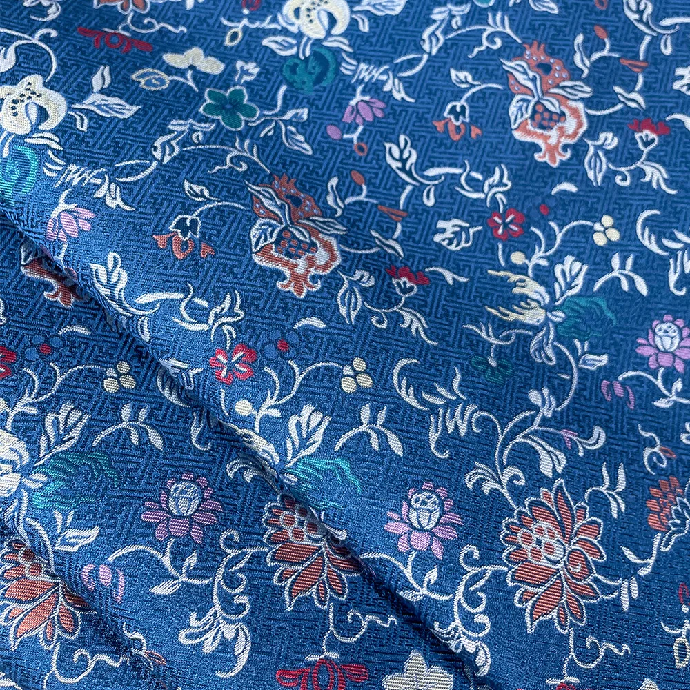 

140CM Wide 34MM Heavy Silk Fabric for Autumn Dress Jacket Vest Chinese Style Floral Jacquard Blue Silk Brocade Fabric F144