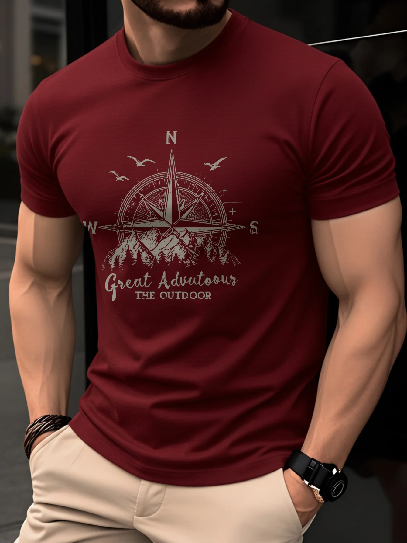 Camiseta masculina de verão 100% algodão puro, casual, moderna, solta, retrô, com estampa de bússola e montanha, gola redonda e manga curta.