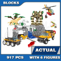 917pcs City Jungle Exploration Site Plane Temple Heavy Observation Truck Kayak 10712 Building Block Toys Compatible With Model