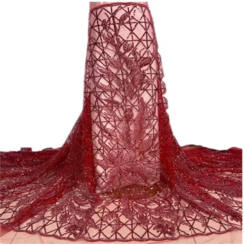 

Red African Sequins Lace Fabric Luxury Nigerian Mesh Lace Fabrics French Tulle Mesh Lace For Wedding Party Sewing FYU103