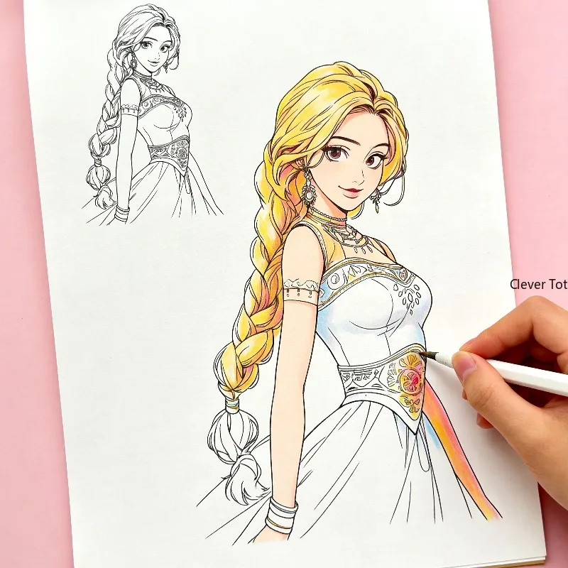 Princess Line Drawing Coloring Book, Copy Picture Book, 24 Different Line Drawing Patterns, 10.24x7.32 Inches Suitable As A Gift