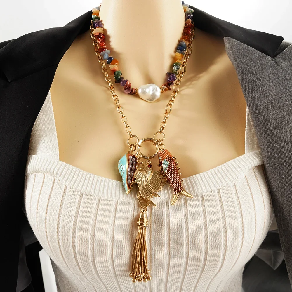 

Fish Necklace 2025 Stainless Steel Jewelry Colored Gravel Bohemian Style Beach Party Delicate Piece Women