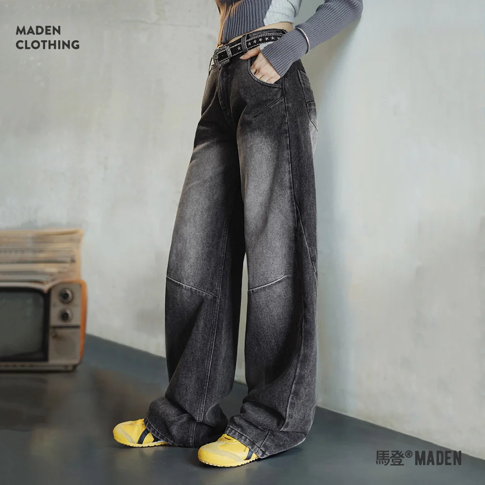 Maden-Jean Noir Coupe 3D pour Femme, Pantalon Droit Mi-Audio, Décontracté, Saison Printemps et Automne, FjStreetwear